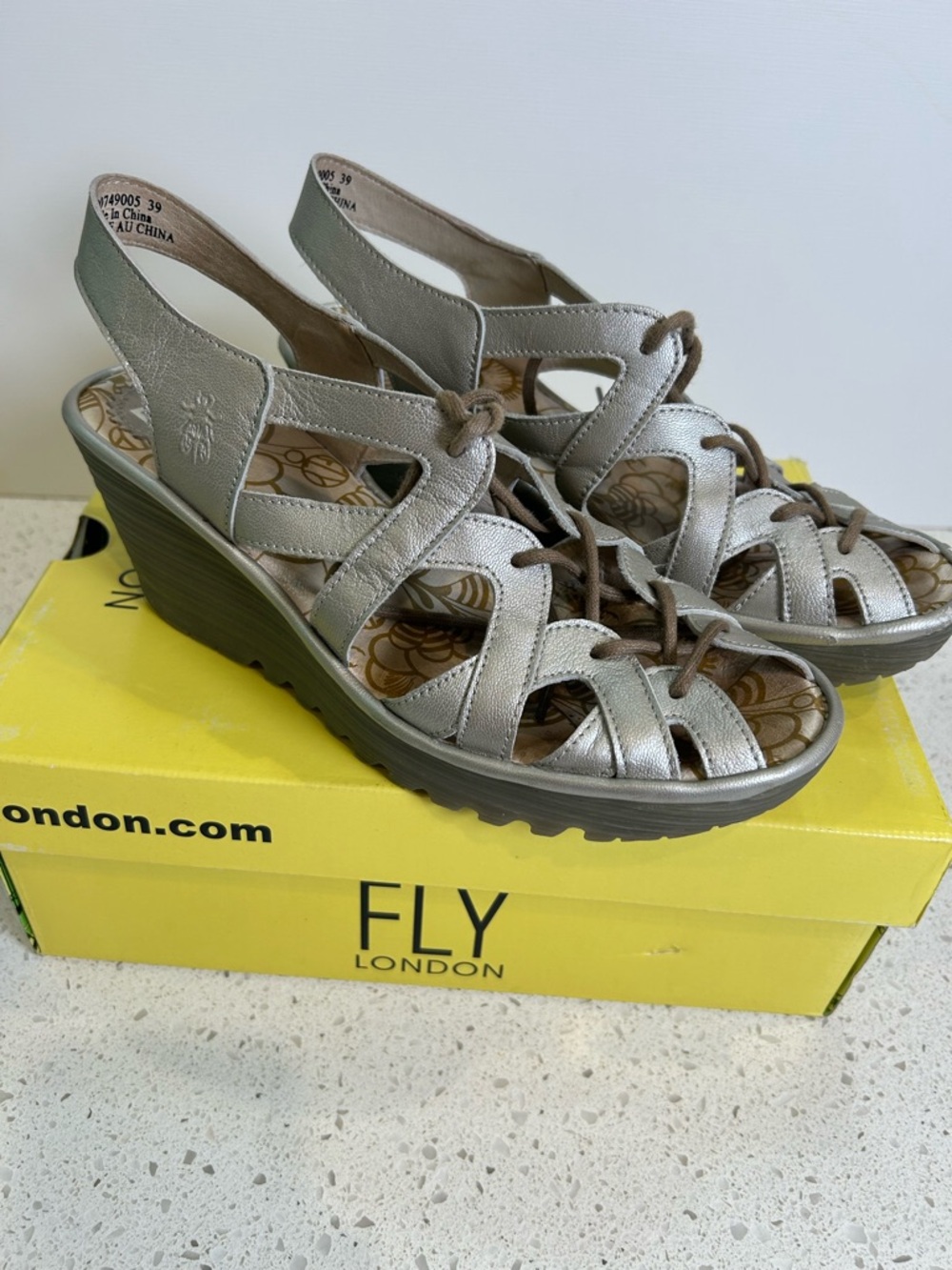 Fly London Silver‎ Metallic Yapi Lace-Up Platform Wedge Sandals Size 39/8